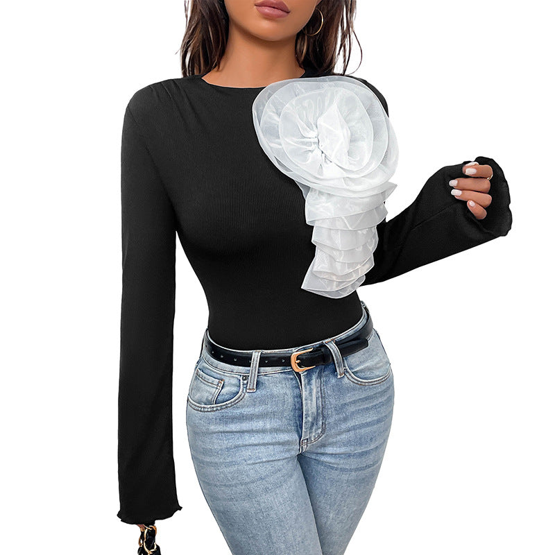 Sweet Chic Black Long Sleeve Bodysuit with 3D Flower Detail