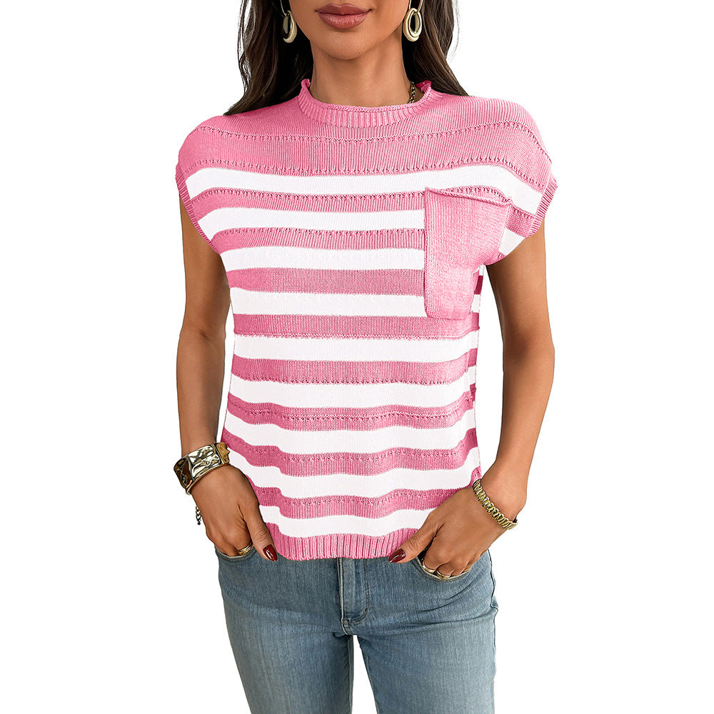 Women’s Striped Knit Top Crew Neck Sleeveless Summer Tee