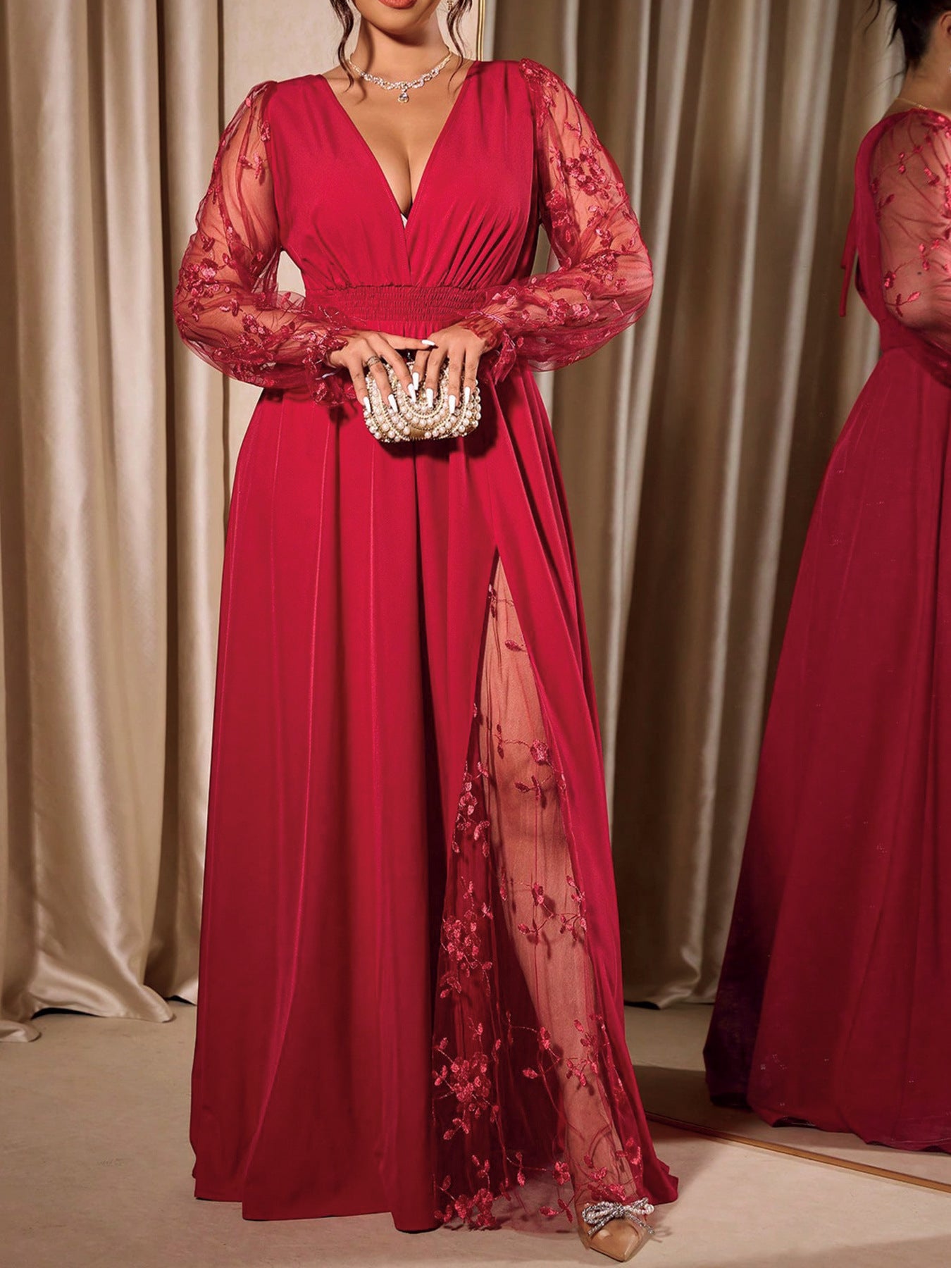 Plus Size Lace Sleeve V Neck Formal Maxi Dress