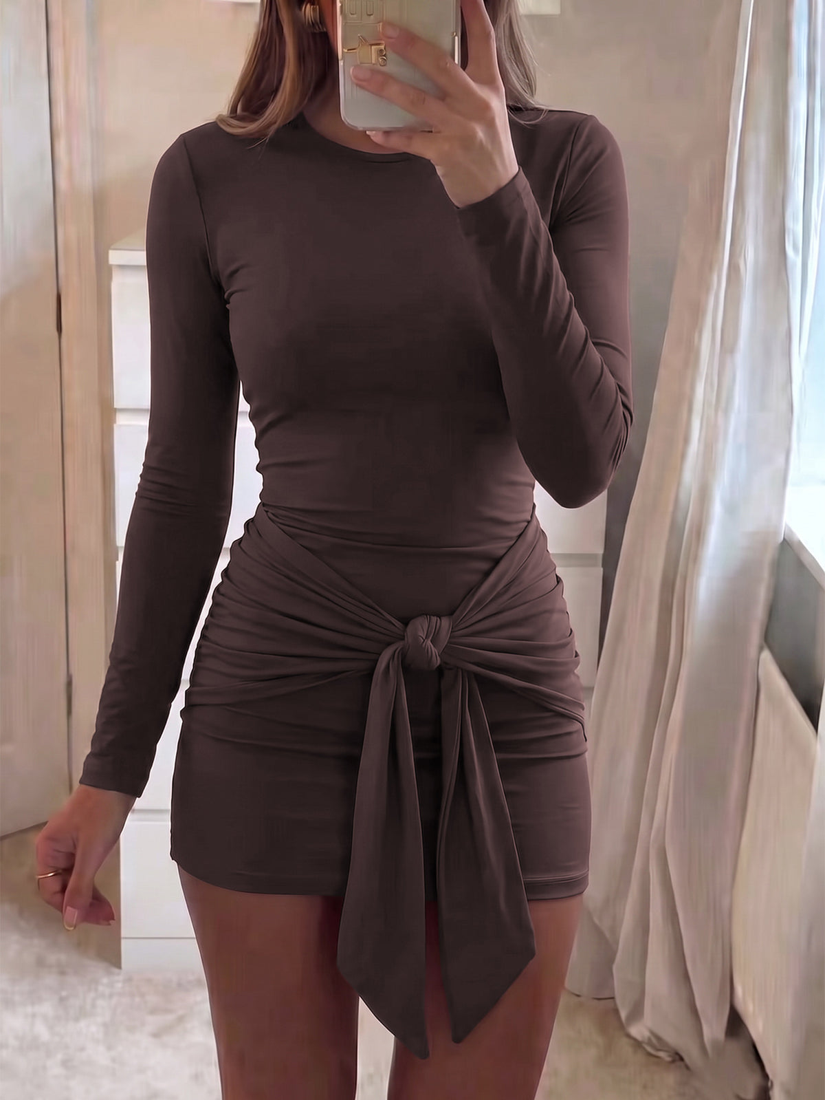 Long Sleeve Ruched Tie Front Bodycon Mini Dress