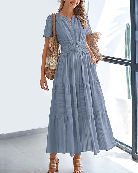 V Neck Smocked Puff Sleeve Flowy Midi Dress for Women