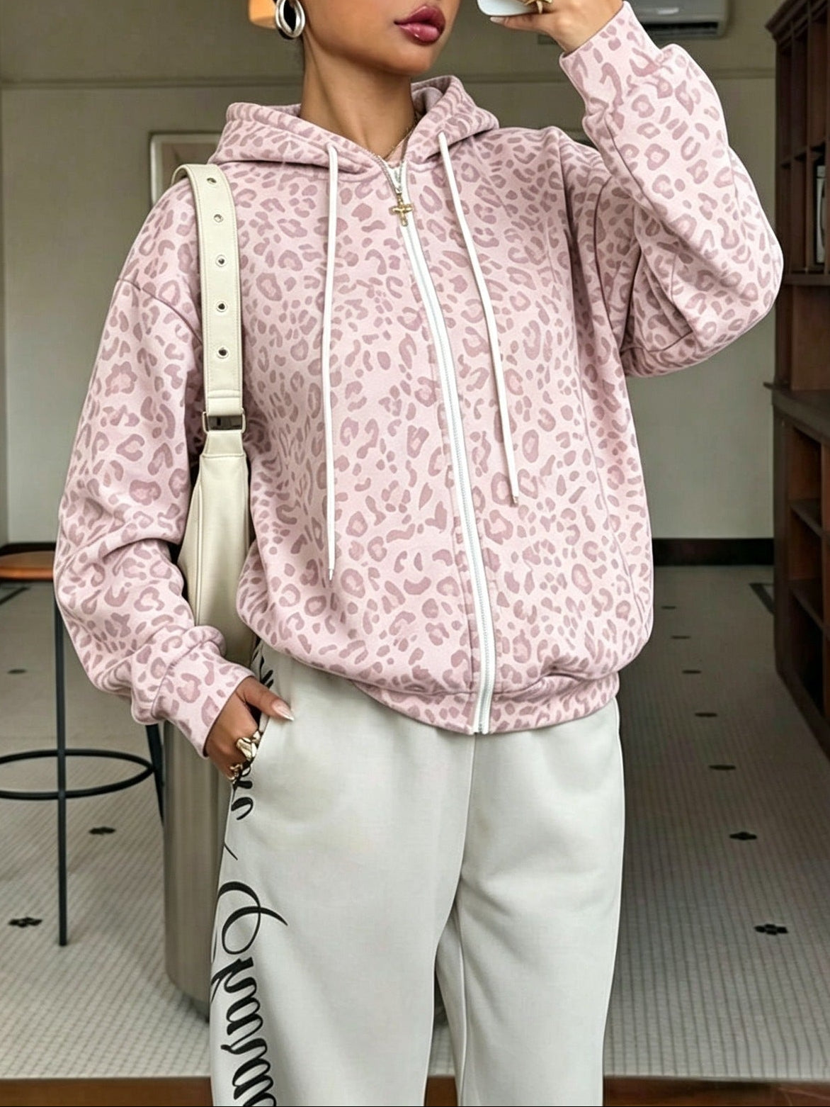 Women's Leopard Print Zip Up Fleece Hoodie Jacket