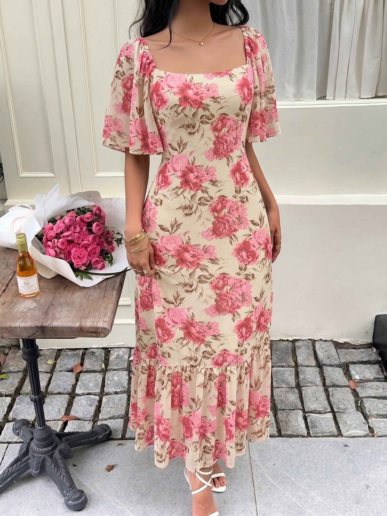 Floral Chiffon Midi Dress Romantic Flutter Sleeve