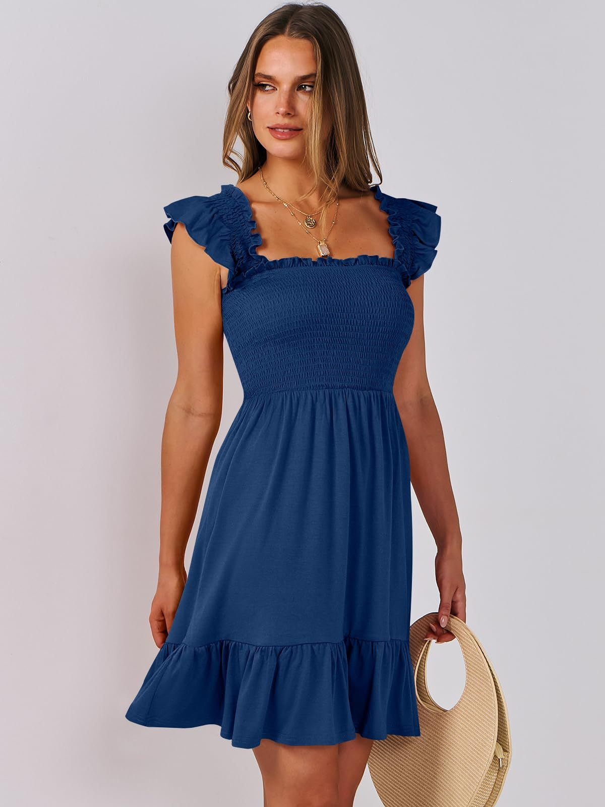 Women’s Smocked Square Neck Ruffle Sleeve Mini Dress Casual Summer Flowy A Line Dress