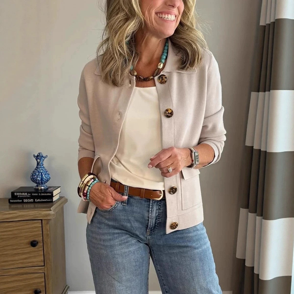 Women's Cropped Button Front Jacket Casual Fall Blazer