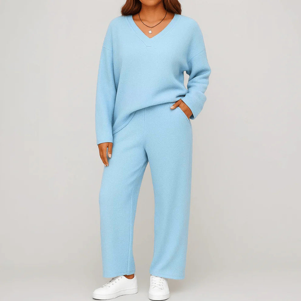 Women's V-Neck Knit 2 Piece Lounge Set Wide Leg Pants