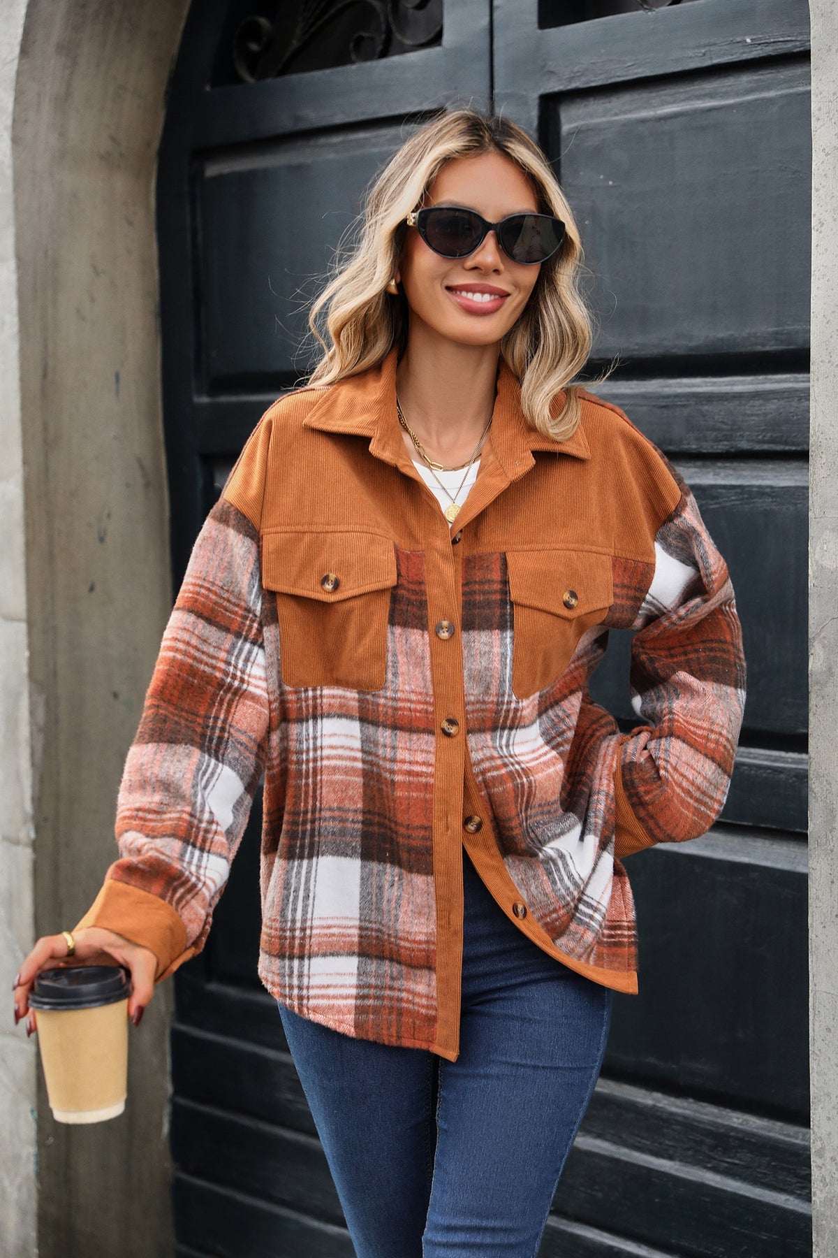 Women's Oversized Plaid Corduroy Shacket Button Down