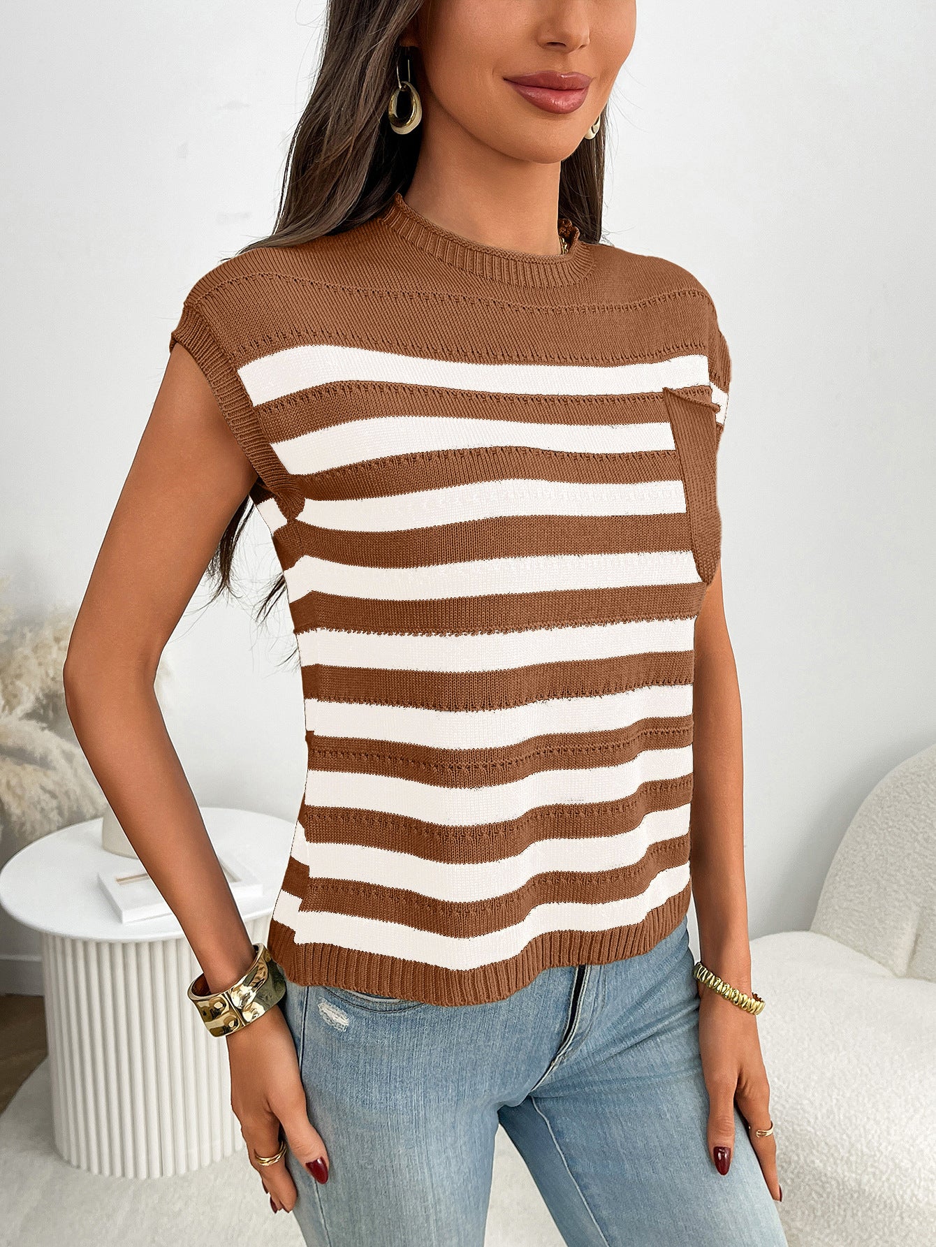 Women’s Striped Knit Top Sleeveless Sweater Casual Pullover