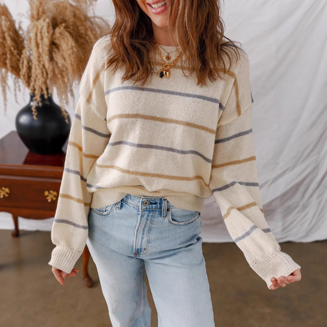 Casual Striped Loose Fit Pullover Sweater for Women