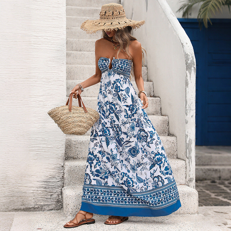 Floral Viscose Maxi Dress Strapless Boho Vacation