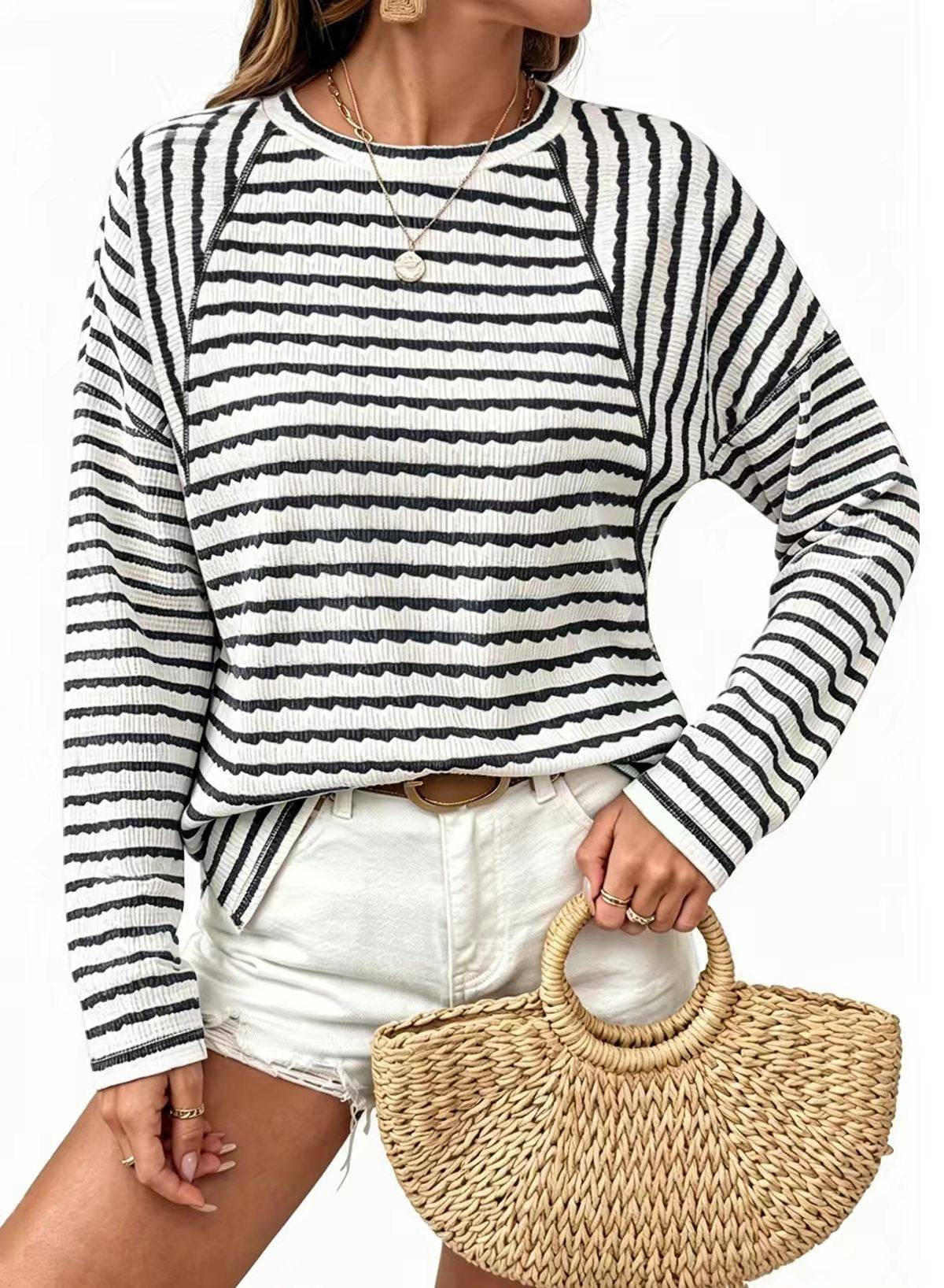 Top Casual Textured Striped Long Sleeve Pullover Knit