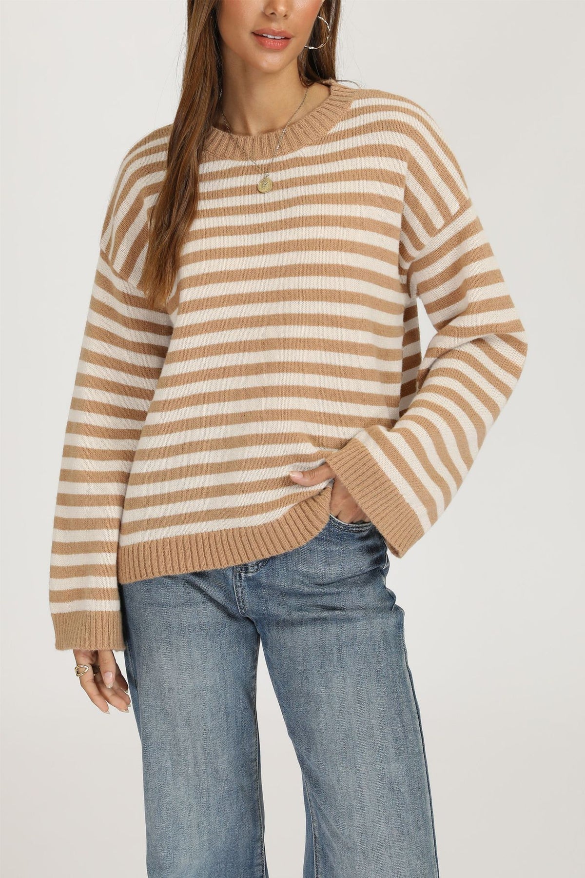 Women's Oversized Striped Crewneck Knit Sweater