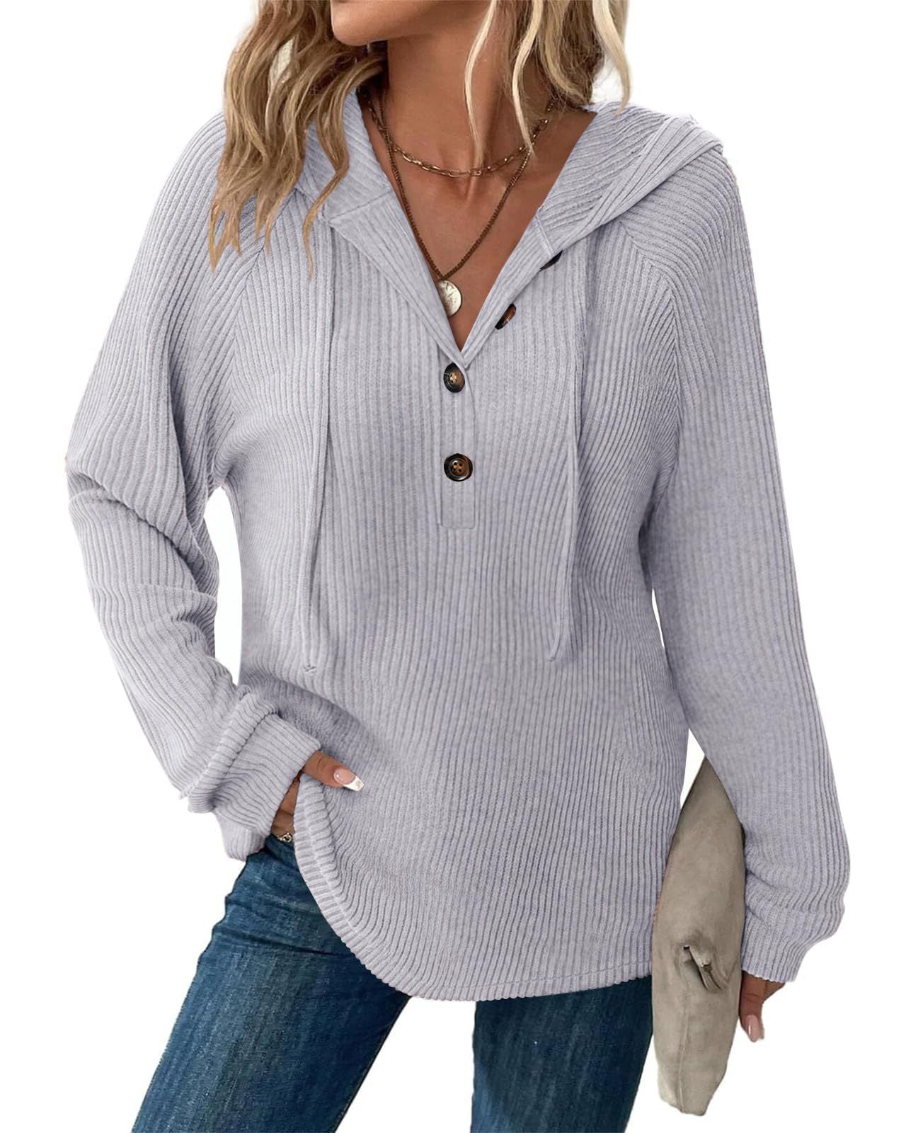 Ribbed Hooded Pullover with Button V-Neck