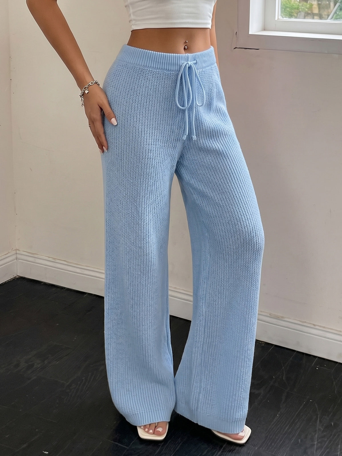 Women's Knit Wide Leg Pants Drawstring High Waist Casual