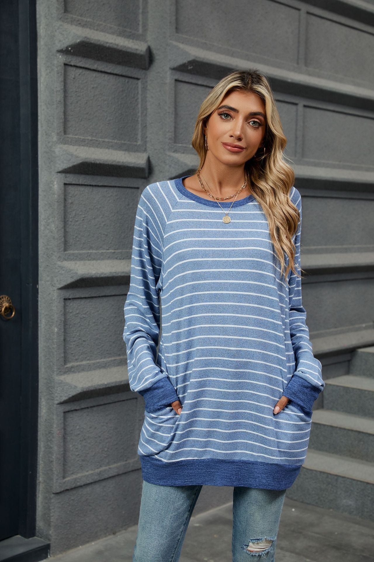 Striped Contrast Crew Neck Long Sleeve Pocket Sweater