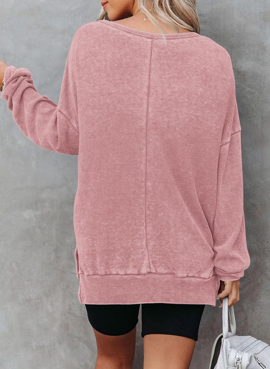 Solid Waffle Top Casual Oversized Drop Shoulder Pullover