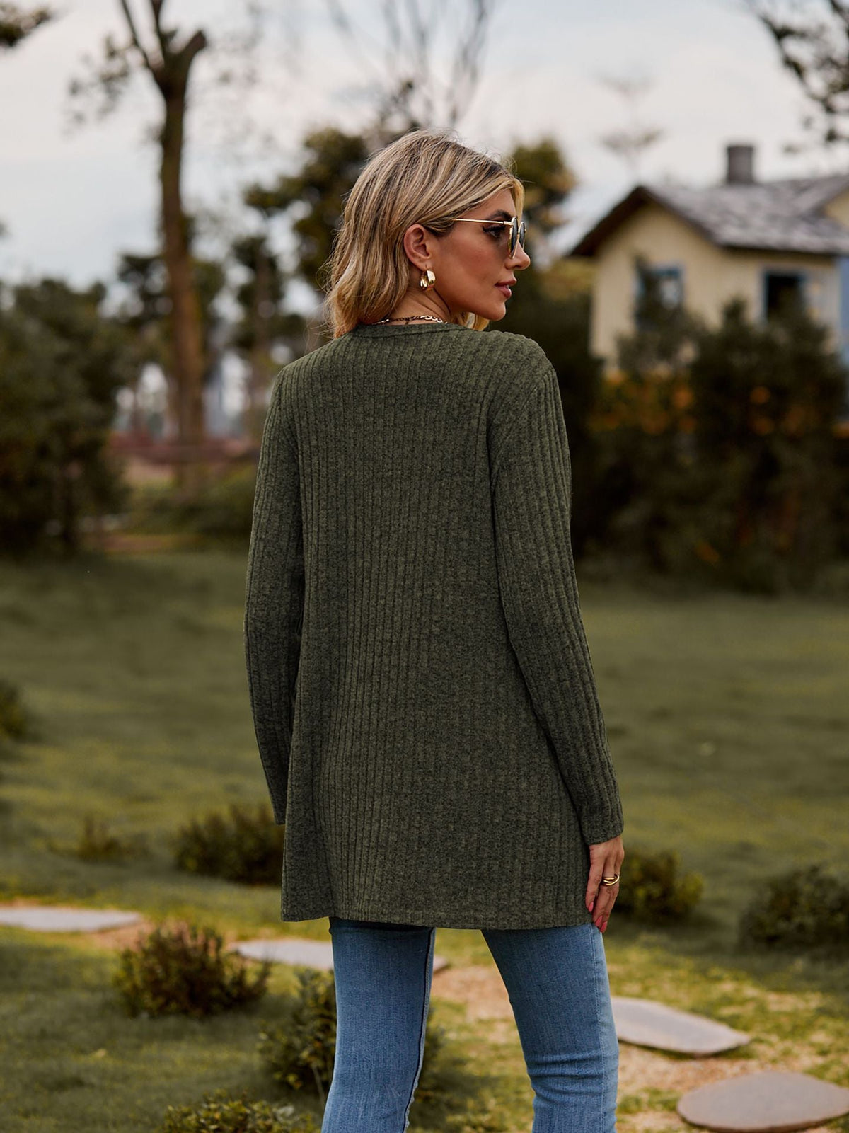 Ribbed Knit Longline Cardigan Button Front