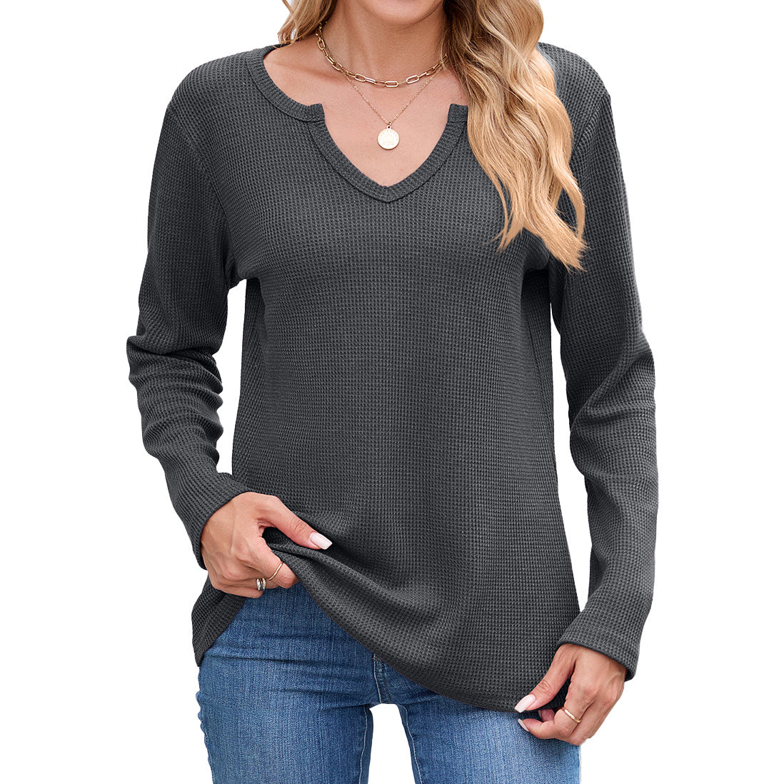 Women's Waffle Knit V Neck Long Sleeve Loose Top