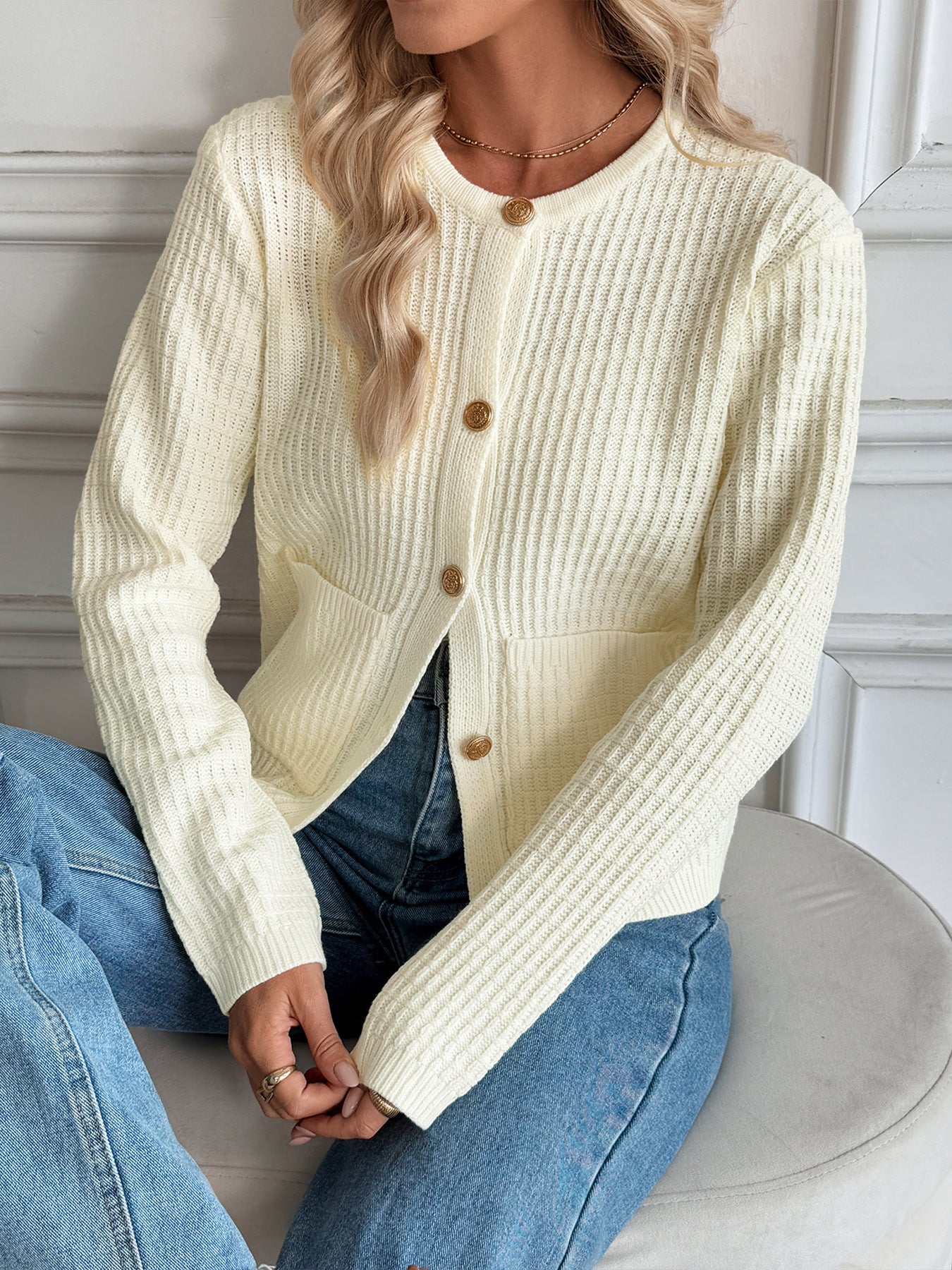 Solid Knit Cardigan with Pockets Long Sleeve Sweater