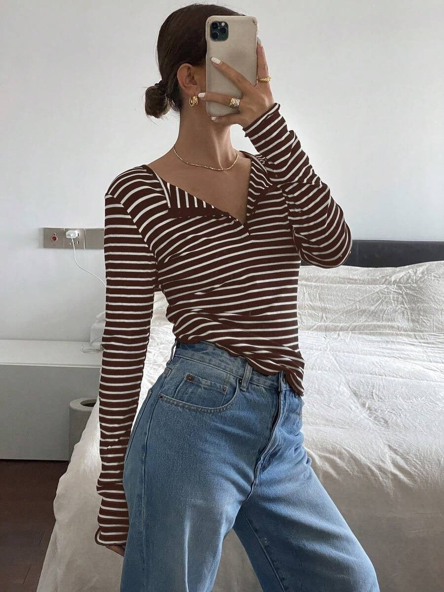Striped Long Sleeve Top Henley Neck Casual Relaxed Fit Tee
