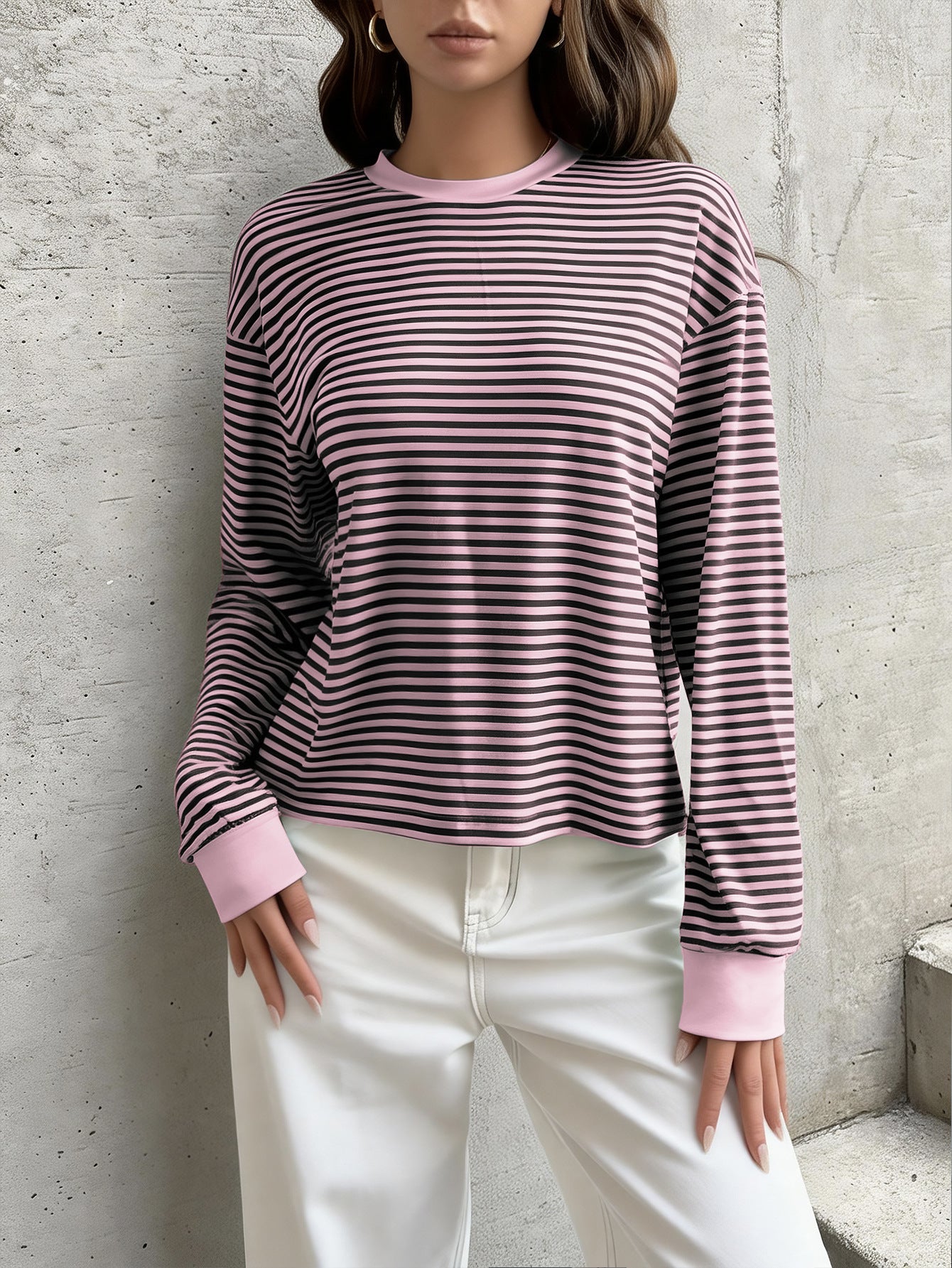 Striped Polyester Tee Casual Oversized Long Sleeve