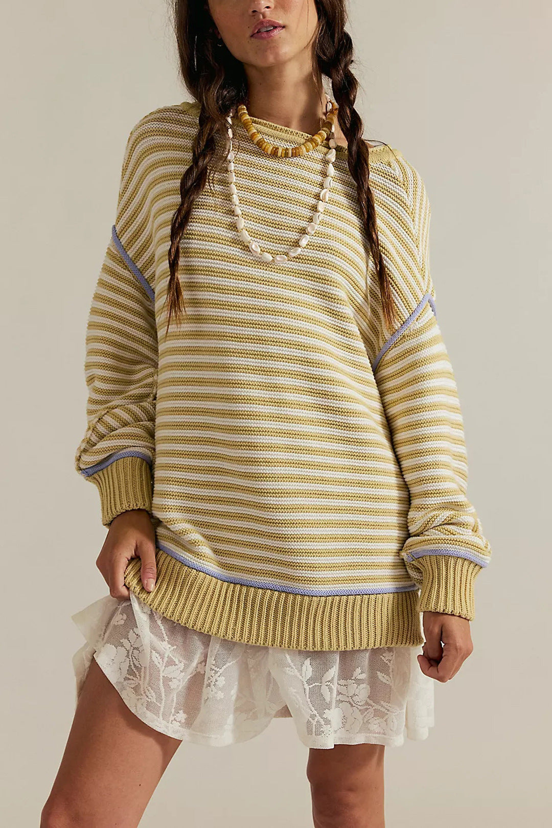 Oversized Striped Crew Neck Long Sleeve Knit Sweater