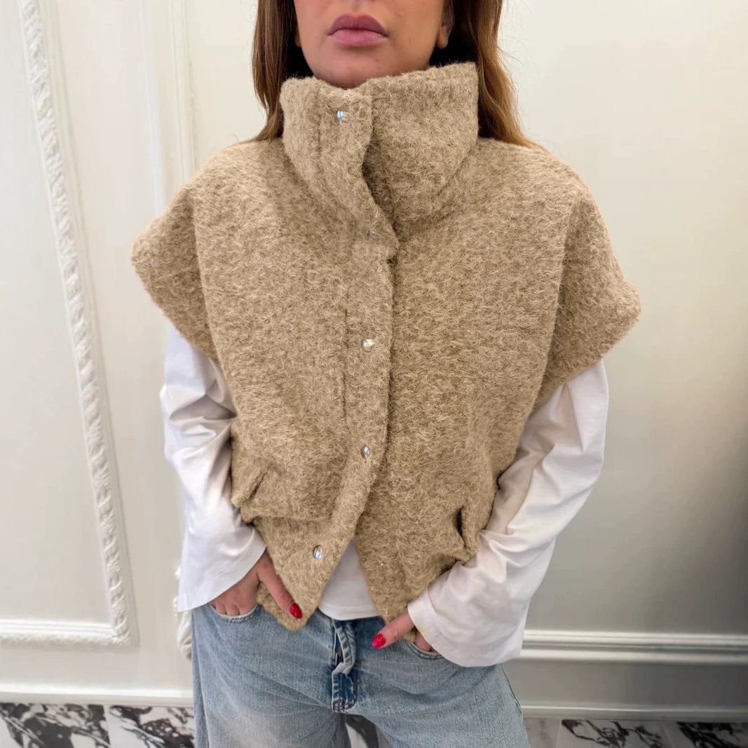 Women's Oversized Sherpa Fleece Vest Mock Neck Button Up