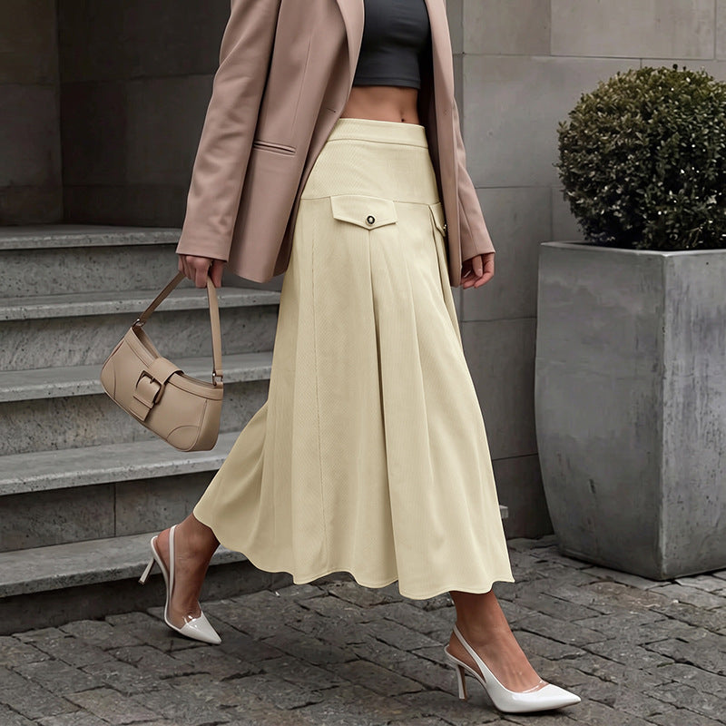Women's Corduroy High Waist Pleated Midi A-Line Skirt