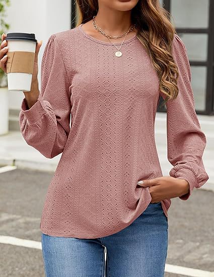 Solid Knit Blouse Casual Eyelet Puff Sleeve Boutique
