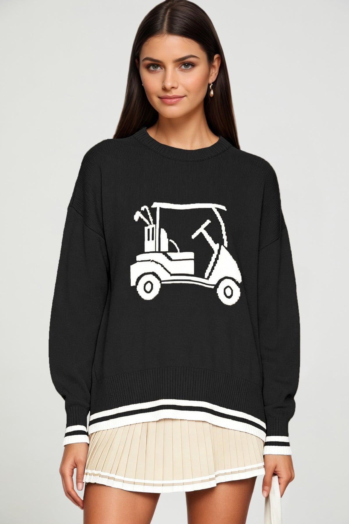 Women's Golf Cart Striped Crewneck Knit Sweater