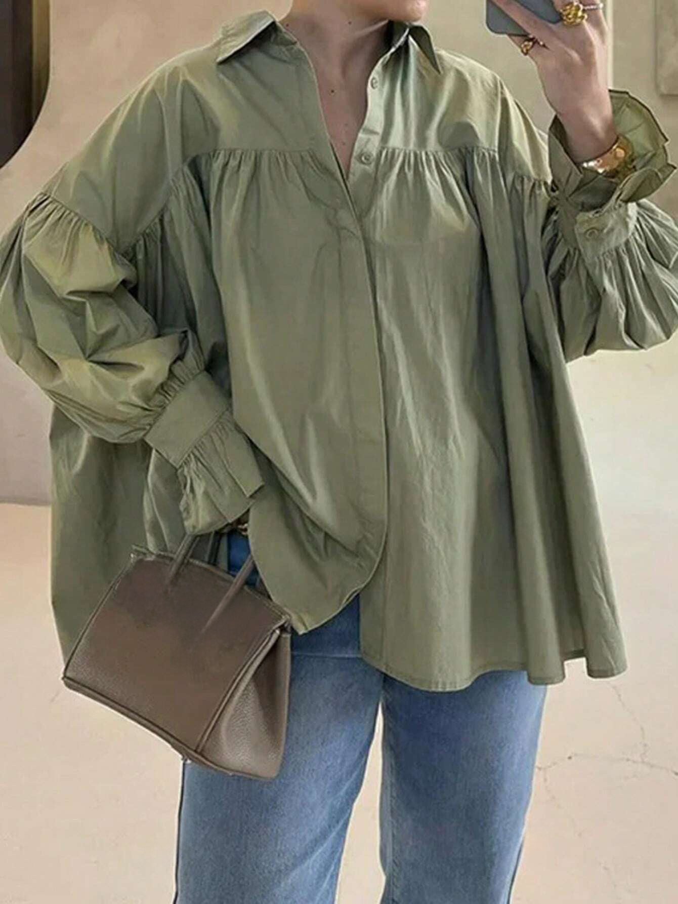 Solid Poplin Blouse Boutique Balloon Sleeve Oversized