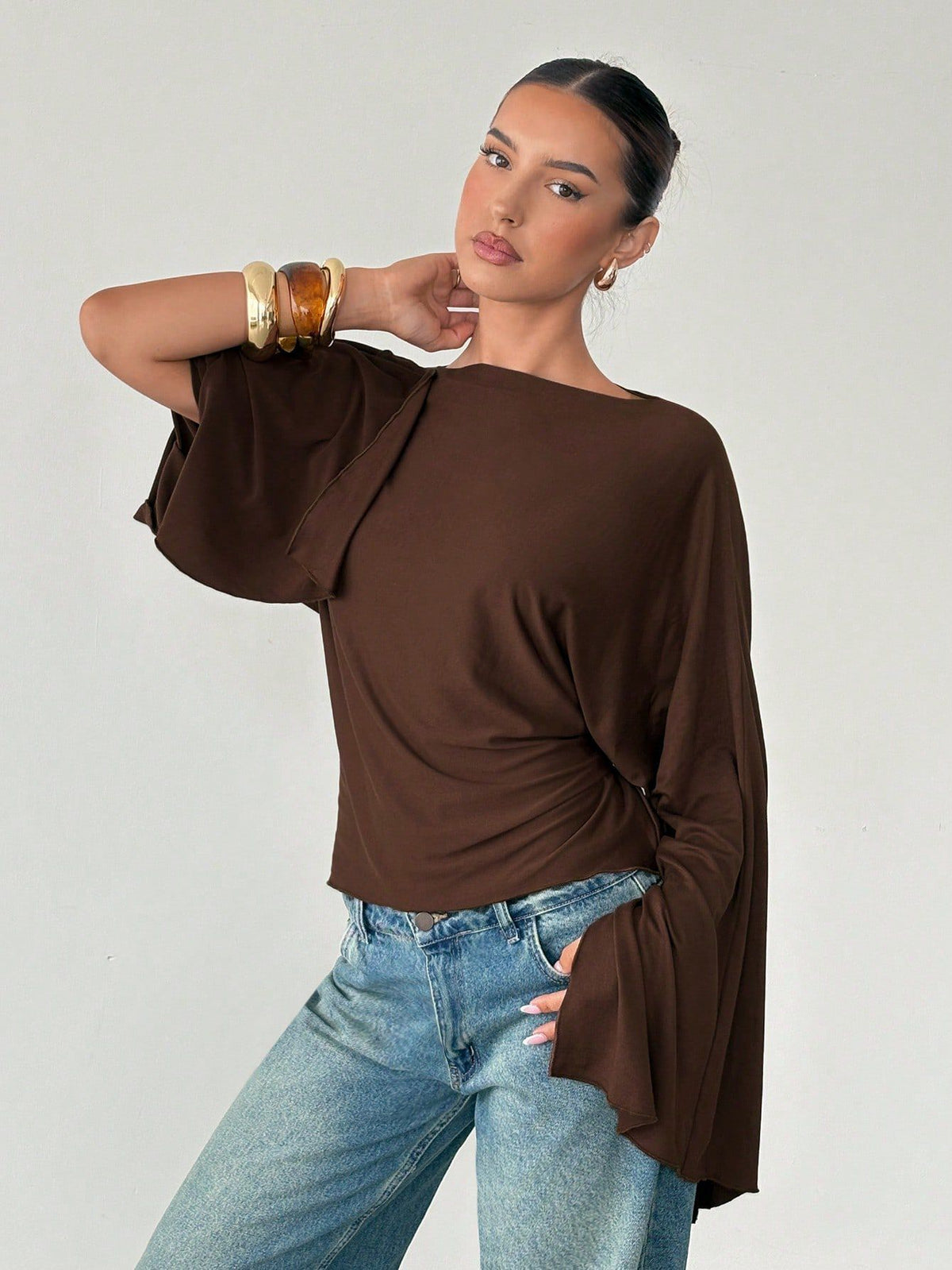 Women's Batwing Sleeve Tie Waist Boat Neck Top