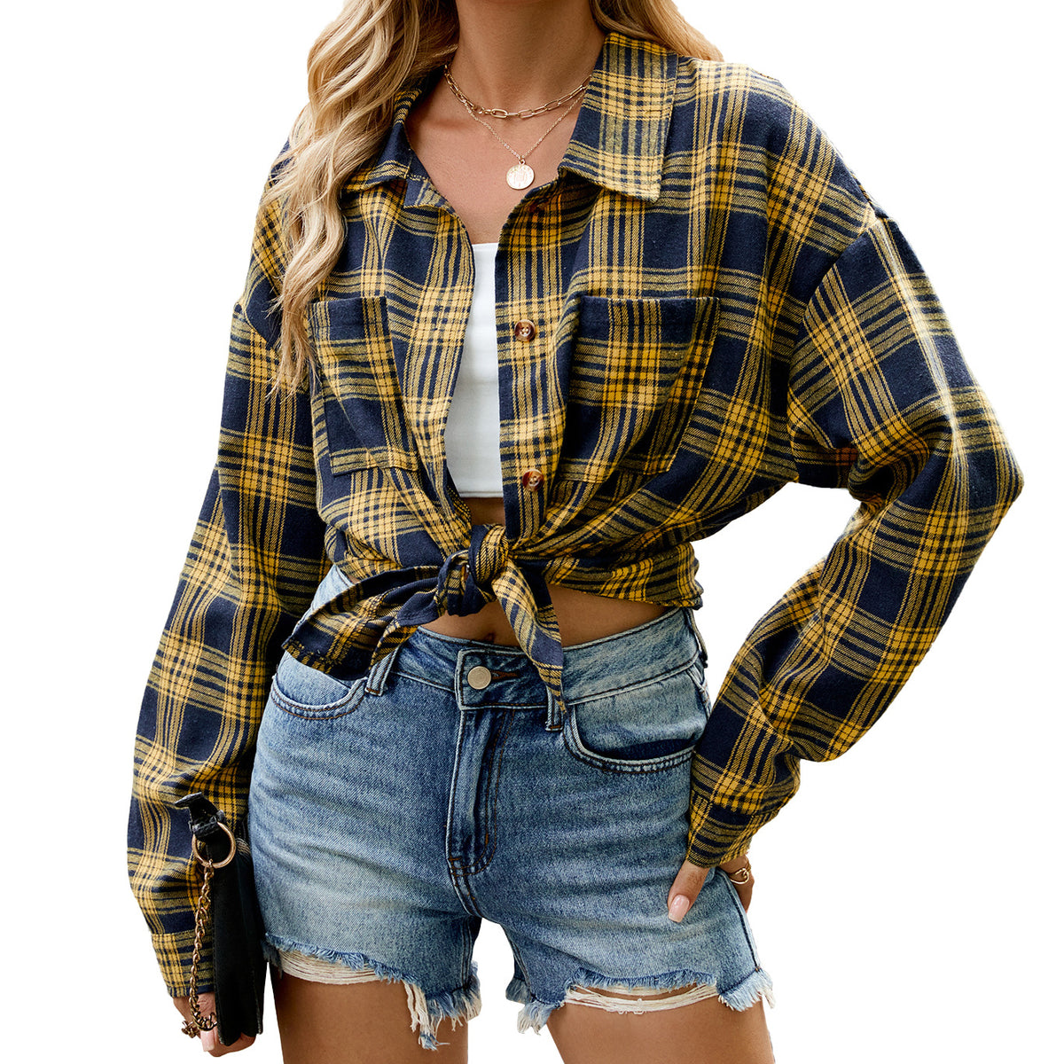 Women's Oversized Plaid Button Up Shirt Long Sleeve Pocket