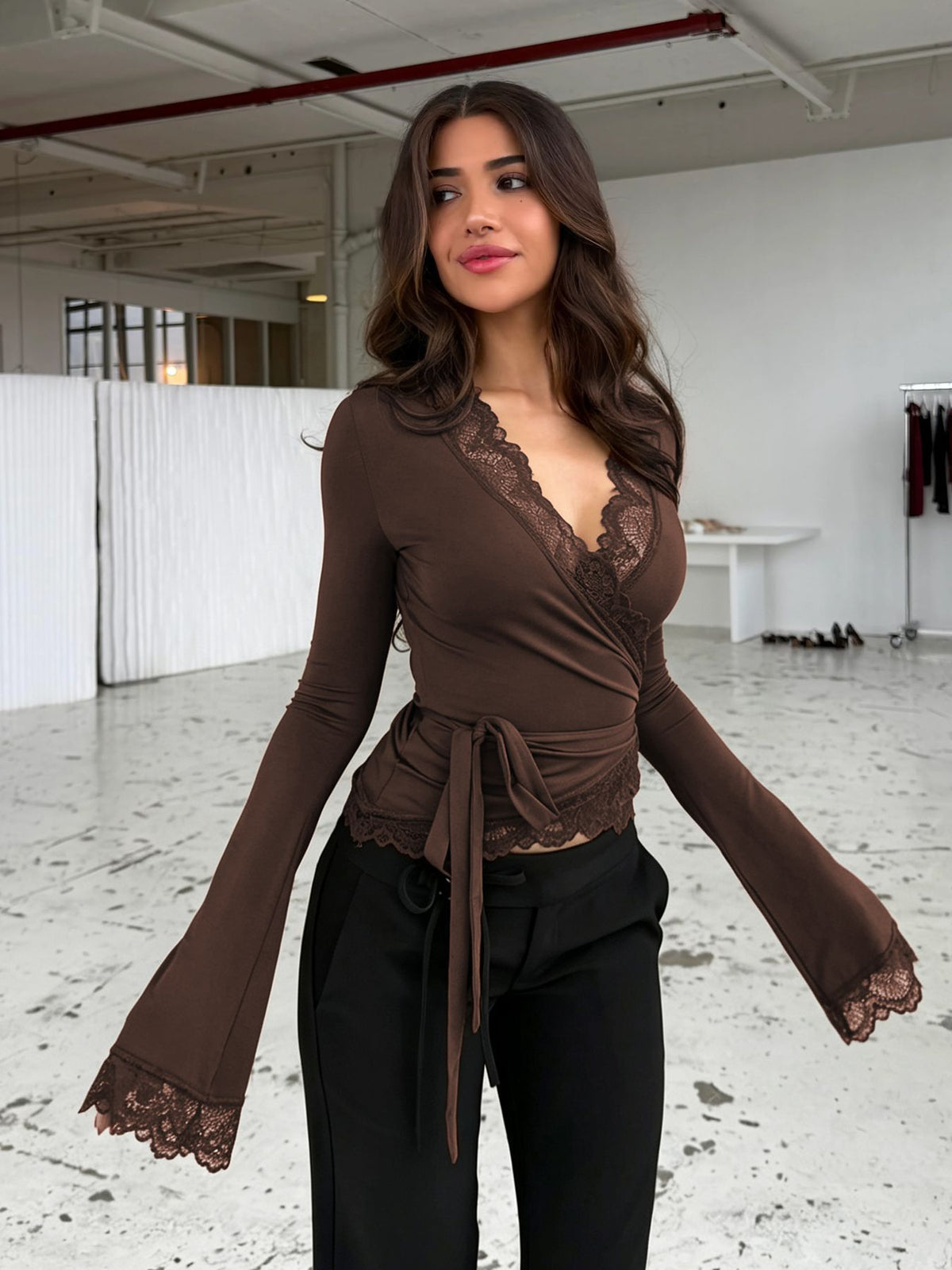 Women's Sexy Lace V Neck Wrap Top Flare Long Sleeve