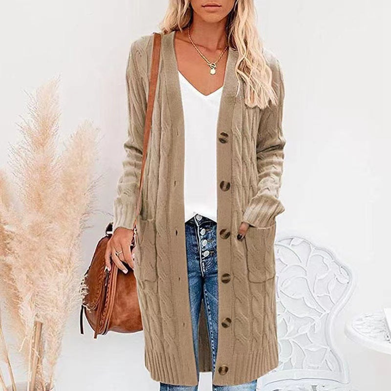Women's Long Cable Knit Cardigan Button Down Pockets