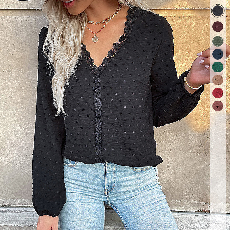 Fall V Neck Long Sleeve Solid Blouse with Lace Trim