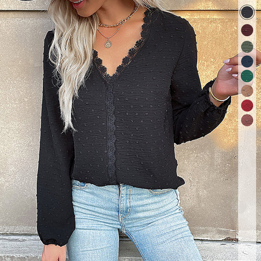 Fall V Neck Long Sleeve Solid Blouse with Lace Trim