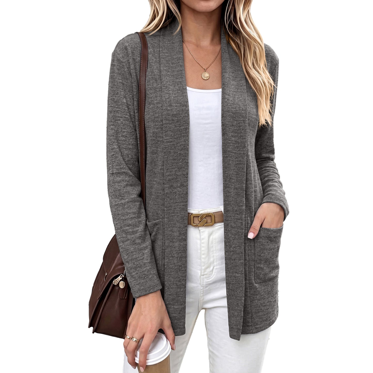 Open Front Pocket Long Sleeve Cardigan