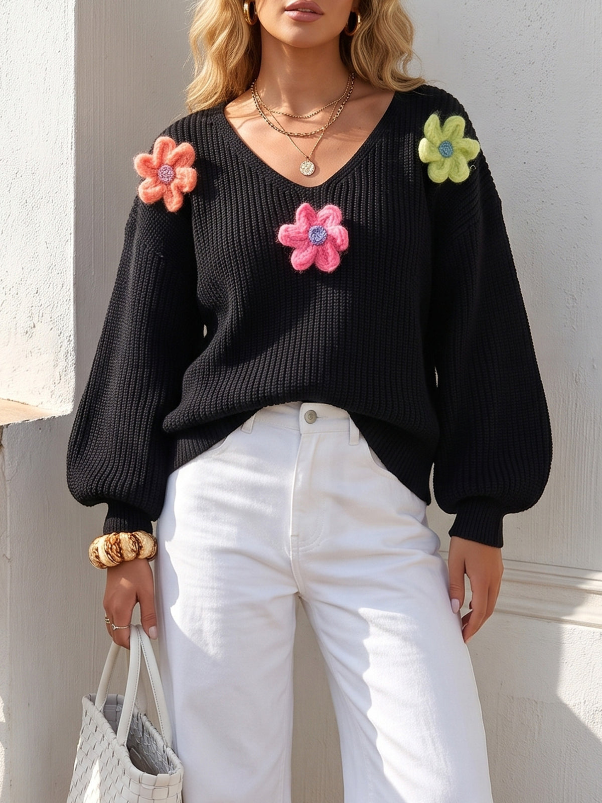 Women's Colorful Chunky Floral V Neck Knit Sweater
