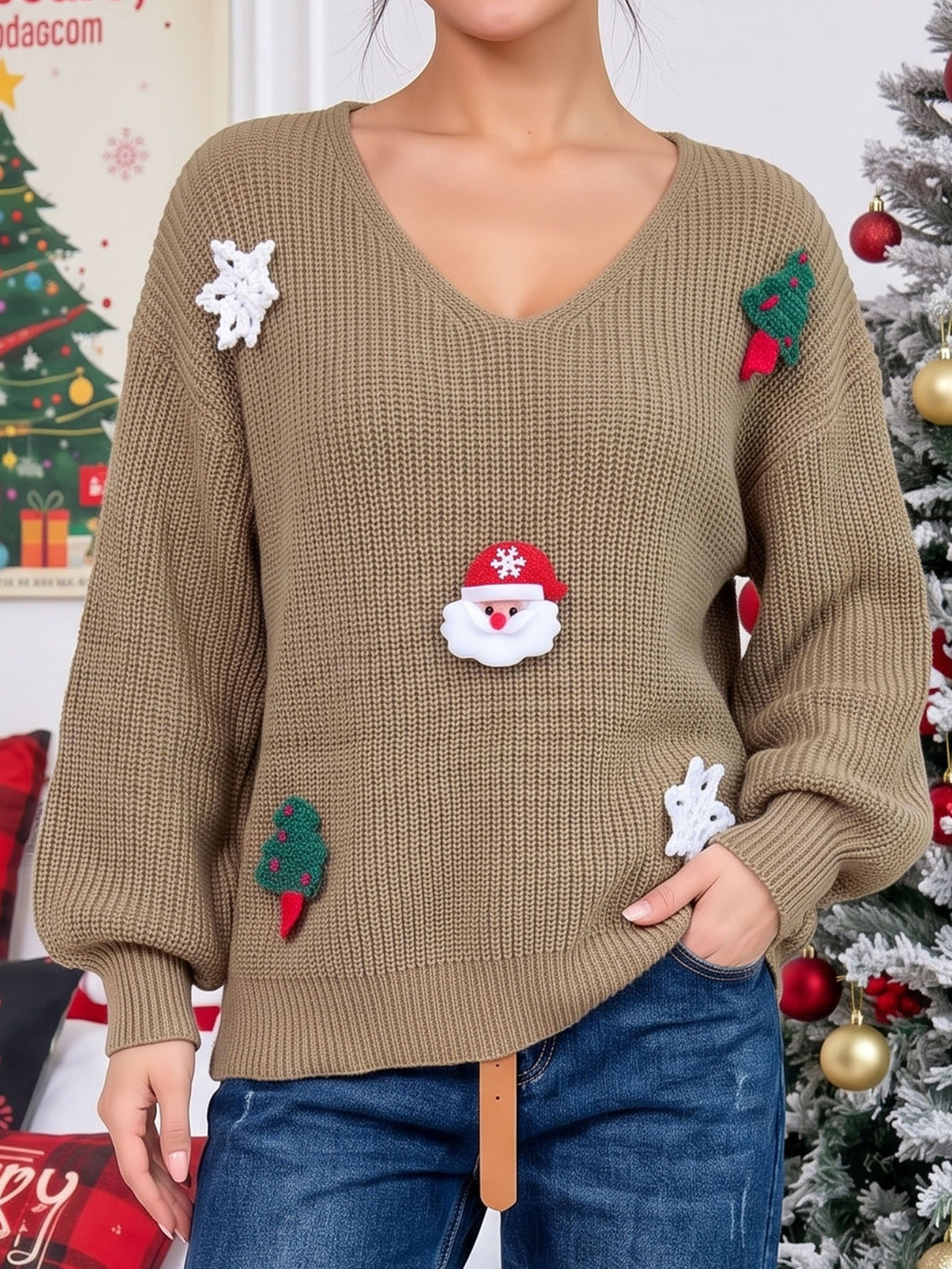 Women's V-Neck Santa Christmas Sweater