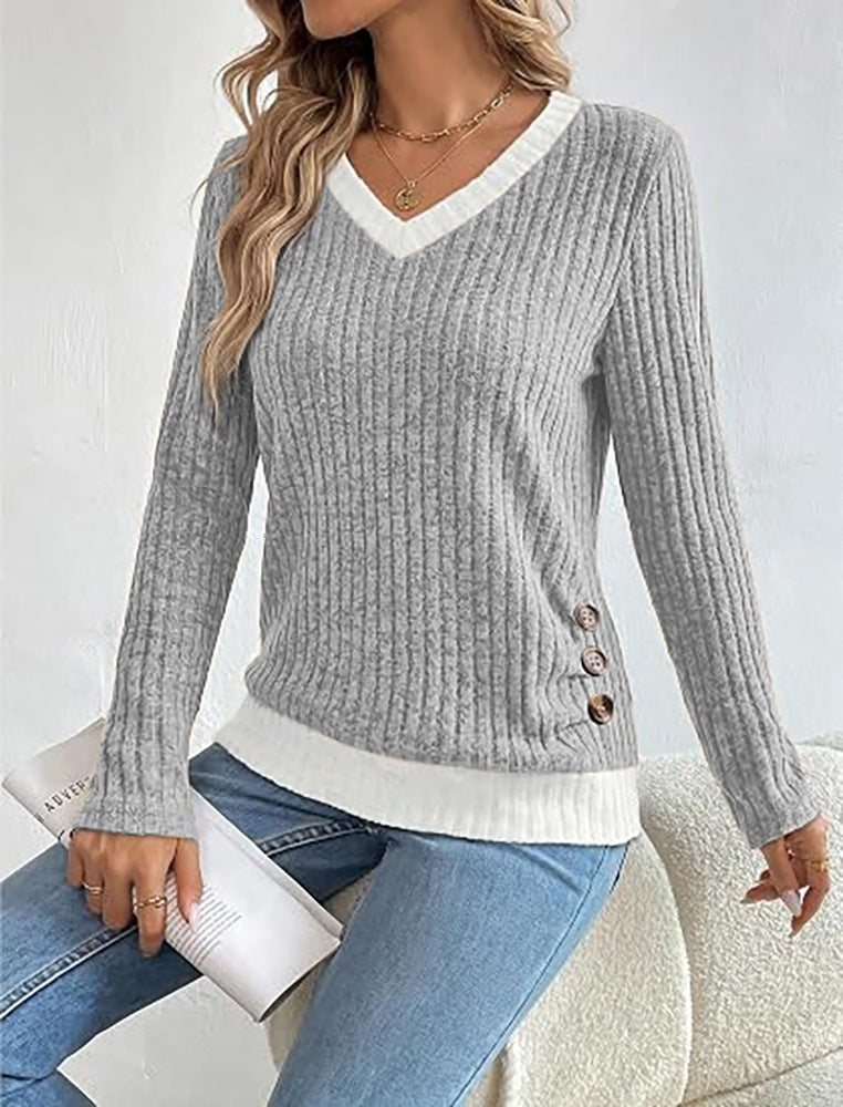 Color Block V-Neck Long Sleeve Ribbed Tunic with Buttons