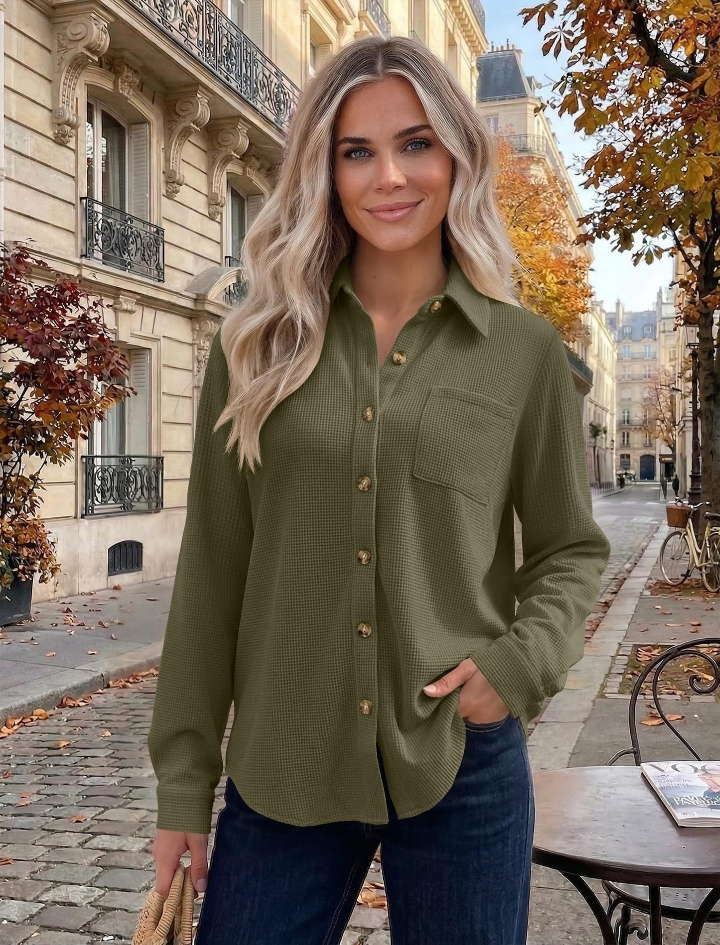 Waffle Knit Button Down Shacket Casual Long Sleeve Top
