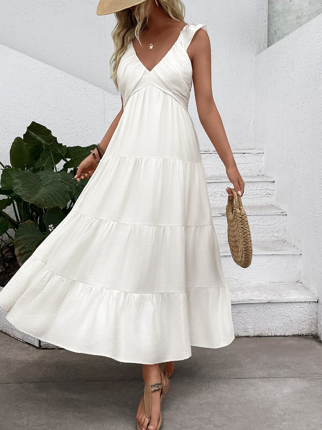 Boho White Tiered Long Dress with Empire Waist