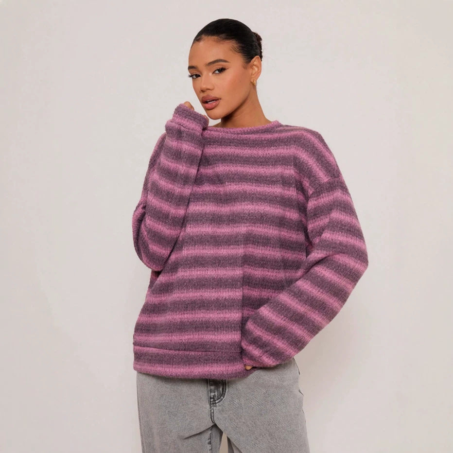 Striped Brushed Sweater Boutique Oversized Drop Shoulder Pullover