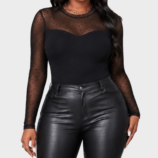 Plus Size Women’s Sheer Mesh Long Sleeve Top Polka Dot