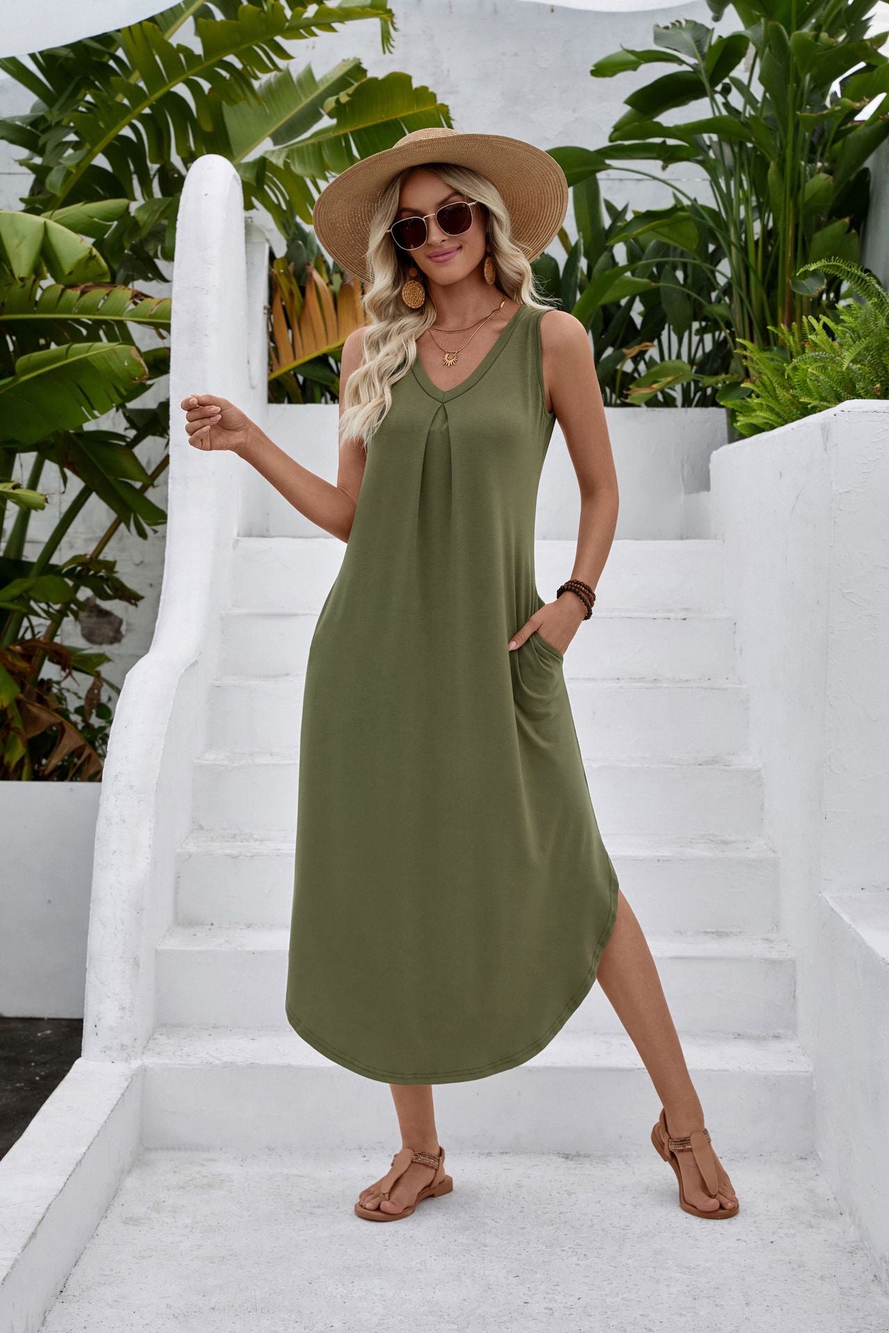 Solid Rayon Maxi Dress V Neck Sleeveless Boho Casual