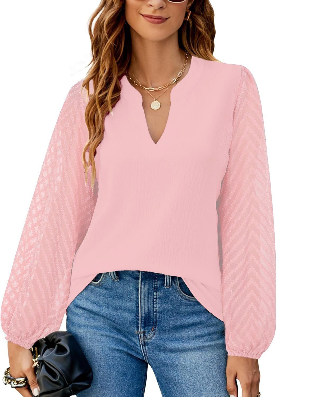 Solid V Neck Chiffon Blouse Lace Puff Sleeve Top