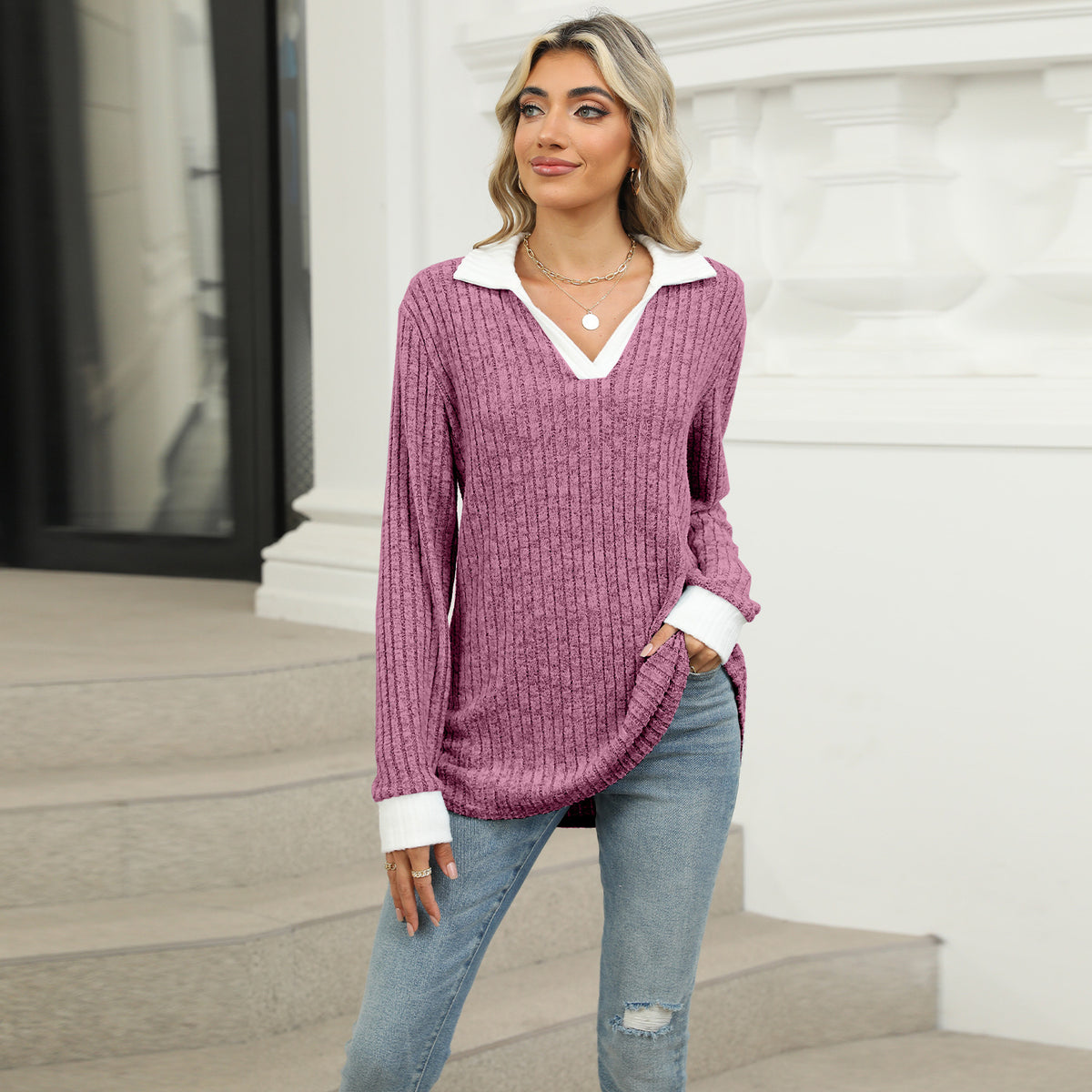 Women's Color Block Collar Long Sleeve Oversized Knit Top