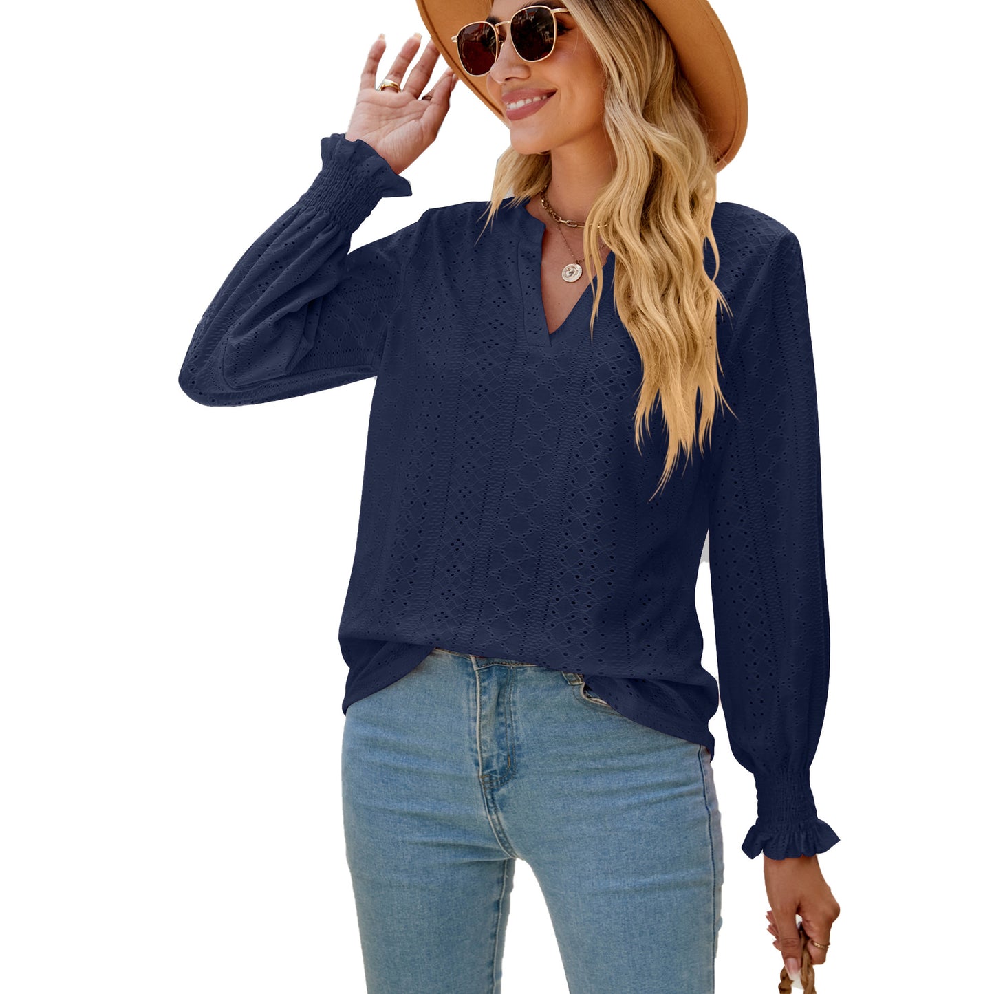Eyelet V Neck Ruffle Sleeve Casual Long Sleeve Blouse