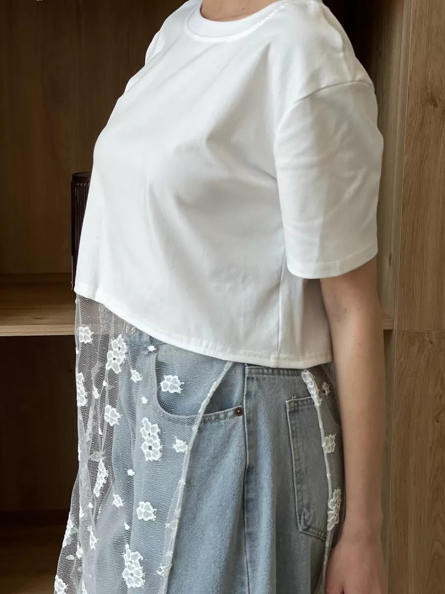 Women Lace Hem Cotton Short Sleeve Casual T Shirt